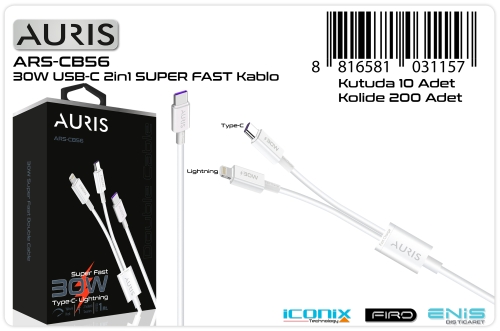 Auris CB56 30W 2x1 Çoklu Şarj Kablosu Usb-C to Type-C + Lightning
