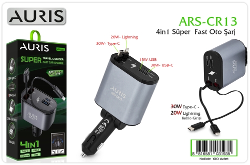 Auris CR13 4x1 Makaralı Oto Şarj Aleti 95W Lightning + Type-C