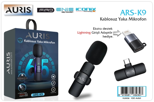 Auris K9 Kablosuz Yaka Mikrofonu + Lightning Girişli Adaptör Hediye