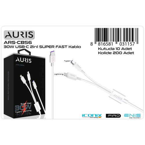 Auris CB56 30W 2x1 Çoklu Şarj Kablosu Usb-C to Type-C + Lightning